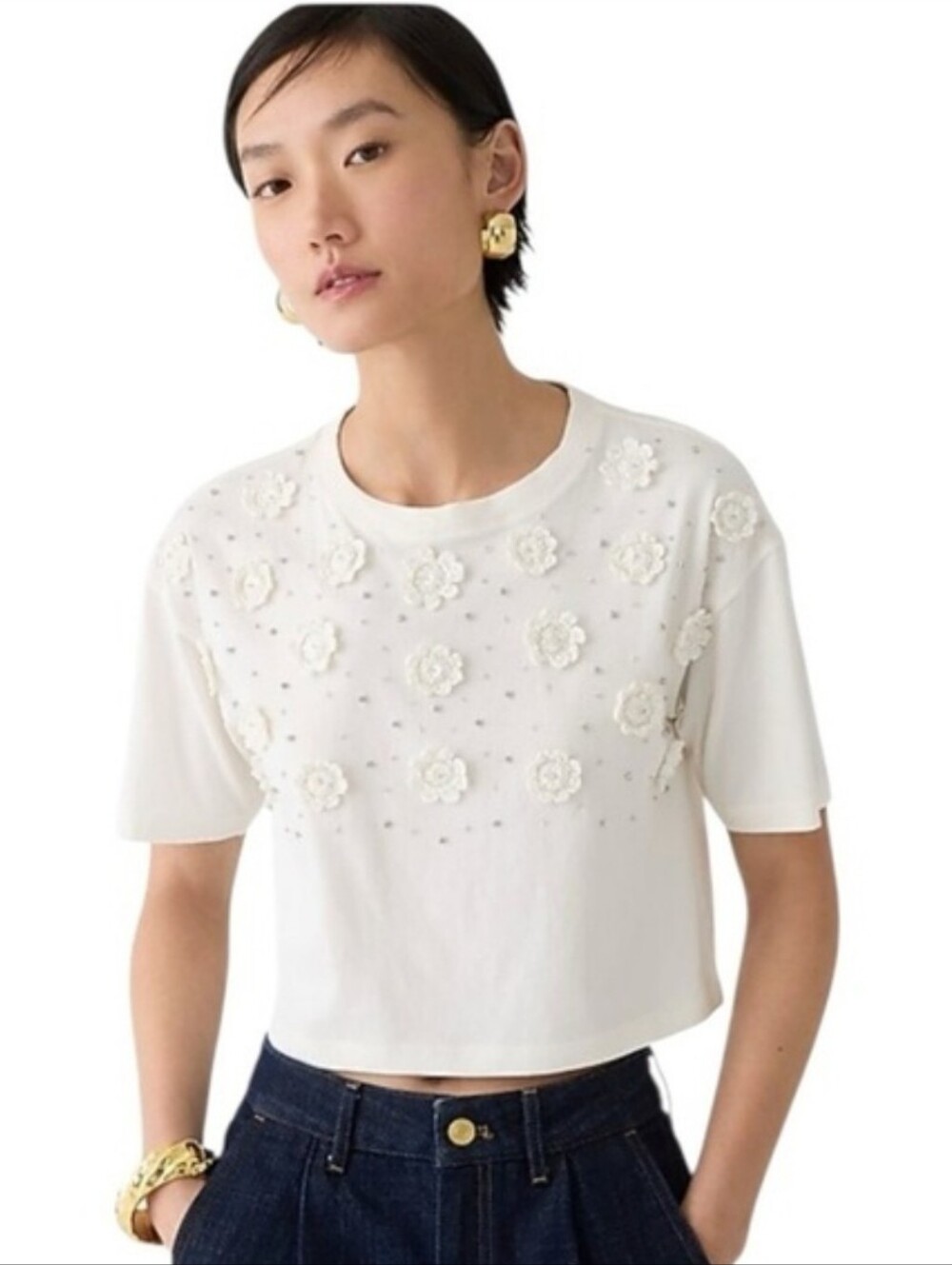 J. Crew Cropped T-shirt with Crochet Floral Appliqués Classic White Top Large